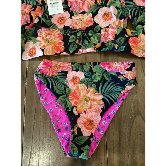 Maaji Floral reversible Long Sleeve Swim Top High Waist Bikini Bottom Set XL - Picture 4 of 9